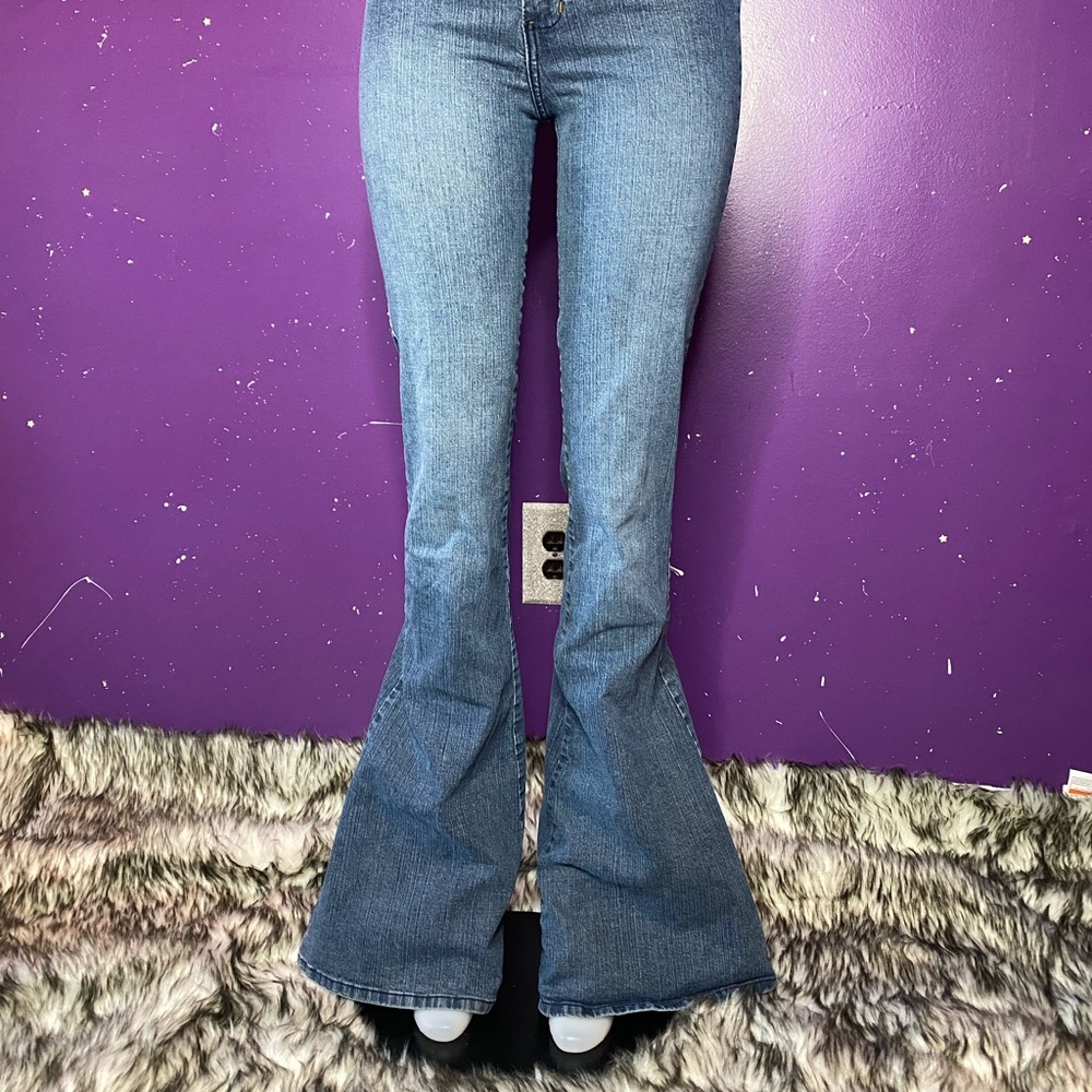 Station wagon stretch low rise super flares with extra long inseam